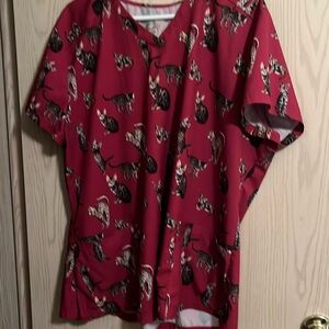 2 XL Cat-Print Short Sleeve V-Neck Scrub Top